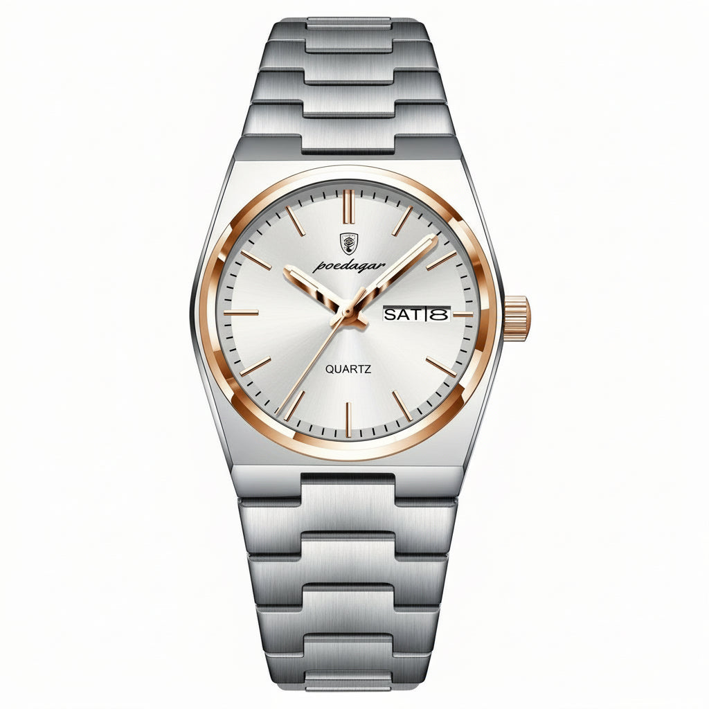 Silver watch with rose gold accents on a white background, featuring the Poedagar brand.
